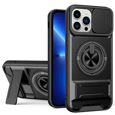 For iPhone 14 Pro Case Compatible with MagSafe Ring Holder Foldable Kickstand TPU PC Phone Cover with Camera Lens Slider - Black