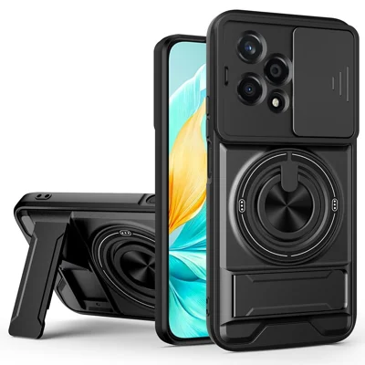 For Honor 200 Lite Magnetic Case Ring Holder Foldable Kickstand TPU PC Phone Cover with Camera Lens Slider - Black