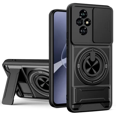 For Honor 200 5G Magnetic Case Ring Holder Foldable Kickstand TPU PC Phone Cover with Camera Lens Slider - Black