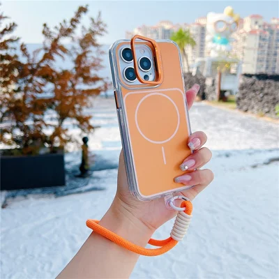 Capa para iPhone 15 Pro Compatível com MagSafe, Suporte de Lente, Capa de Telemóvel em TPU e Acrílico com Alça de Mão a Condizer - Laranja