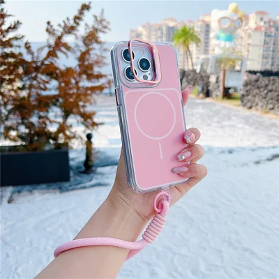 Capa para iPhone 15 Pro Max Compatível com MagSafe, Suporte de Lente, Capa de Telemóvel TPU e Acrílico com Alça de Mão a Condizer - Rosa