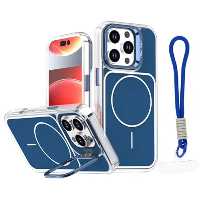 Coque pour iPhone 16 Pro Max compatible avec MagSafe, support intégré pour objectif, coque en TPU et acrylique avec dragonne assortie - Bleu