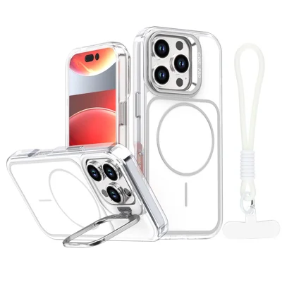 Coque pour iPhone 16 Pro Compatible avec MagSafe Support pour Objectif Coque de Téléphone TPU Acrylique avec Sangle de Poignet Assortie - Blanc