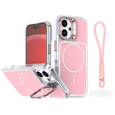 Coque pour iPhone 16 Plus compatible MagSafe avec support intégré, housse en TPU et acrylique avec dragonne assortie - Rose