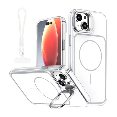 Coque pour iPhone 15 Plus compatible MagSafe avec support intégré objectif, housse en TPU et acrylique avec dragonne assortie - Blanc