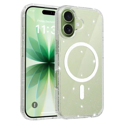 For iPhone 17 Magnetic Case Glitter Design TPU PC PET Drop Proof Phone Cover - Transparent