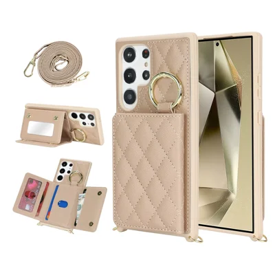 Fodral för Samsung Galaxy S23 Ultra med lanyard/spegel/kortficka rutfodral med RFID-skydd - Beige