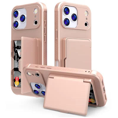Funda para iPhone 17 Pro Max con soporte para tarjetas / espejo / soporte TPU + PC tapa trasera para teléfono - oro rosa