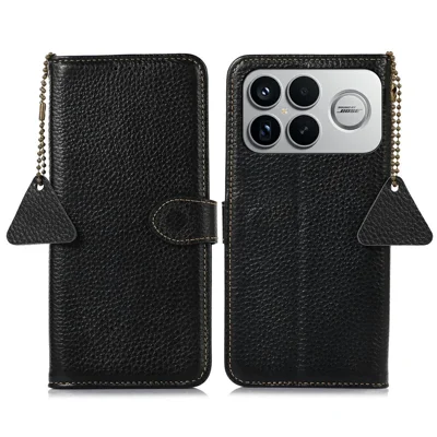 For Xiaomi Poco F8 Ultra / Redmi K90 Pro Max 5G Case RFID Blocking Genuine Cow Leather Phone Cover Litchi Texture - Black