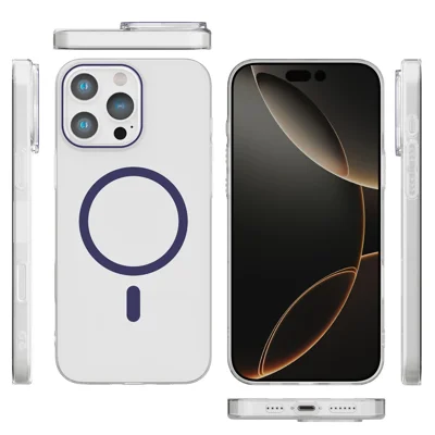 Coque magnétique transparente pour iPhone 16 Pro, coque arrière rigide de protection en PC compatible avec MagSafe - Bleu