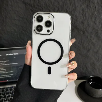 Coque magnétique transparente pour iPhone 15 Pro Max, housse arrière rigide de protection en PC compatible avec MagSafe - Noir