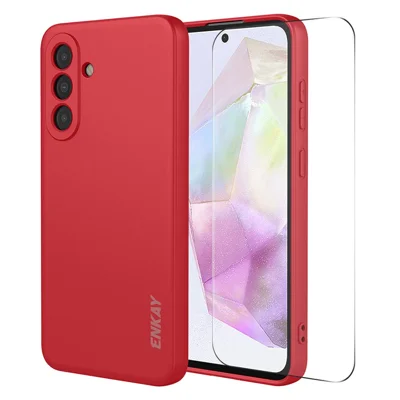 ENKAY HAT PRINCE For Samsung Galaxy A37 5G Silicone Case Straight Edge Phone Cover + 9H Glass Protector - Red