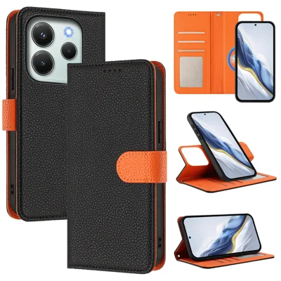 For Xiaomi Redmi Note 14 5G (China) / Xiaomi Redmi Note 14 5G Leather Case Detachable Wallet Magnetic Phone Cover with Hand Strap - Black / Orange