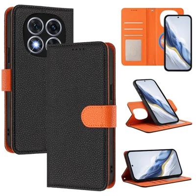 For Xiaomi Redmi Note 14 Pro+ 5G Leather Case Detachable Wallet Magnetic Phone Cover with Hand Strap - Black / Orange