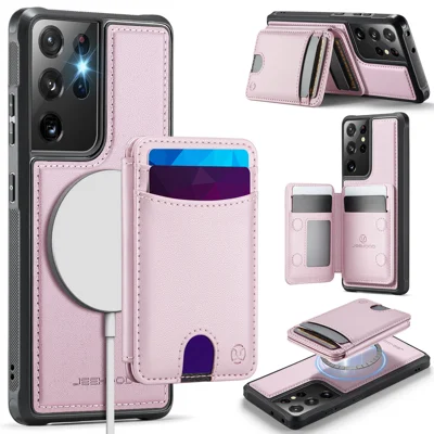 JEEHOOD For Samsung Galaxy S21 Ultra 5G Magnetic Case  J10 Leather Back Phone Cover with Detachable Card Holder Kickstand - Pink