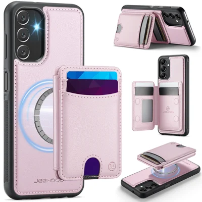 JEEHOOD For Samsung Galaxy A24 4G (162.1mm) Magnetic Case  J10 Leather Back Phone Cover with Detachable Card Holder Kickstand - Pink
