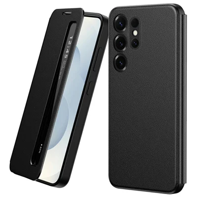 Voor Samsung Galaxy S22 Ultra 5G hoesje met Smart View-venster en lederen telefoonhoes - Zwart