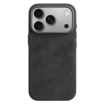 MELKCO Funda para iPhone 17 Pro Max Compatible con MagSafe, Funda de Cuero Alcantara + PC con Teclas Metálicas / Botón AI - Gris Oscuro