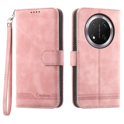 DIERFENG DF-03 Custodia in Pelle per Honor Magic8 Lite 5G / X70 5G / X9d 5G, Cover Portafoglio con Impressioni a Linee e Cinturino da Polso - Rosa