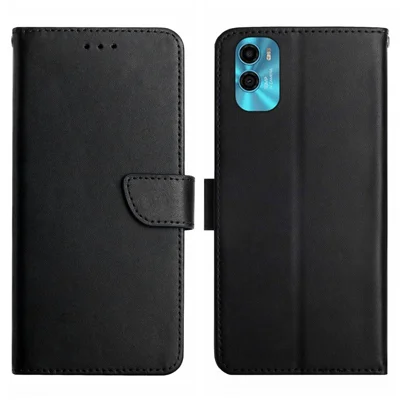 Voor Motorola Moto E22s 4G / E32 (India) 4G HT02 Echt Leren Nappa-structuur Portemonnee-hoesje met Standfunctie Klaphoes Sterke Magnetische Sluiting Shell - Zwart