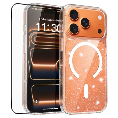 For iPhone 17 Pro Magnetic Case Glitter Powder TPU Scratch-proof Phone Cover with Tempered Glass Compatible with MagSafe  - Transparent
