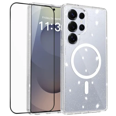 For Samsung Galaxy S25 Ultra Magnetic Case Glitter Powder TPU Scratch-proof Phone Cover with Tempered Glass  - Transparent