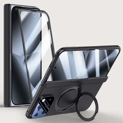 For Google Pixel 10 Pro Fold Magnetic Case Kickstand Skin Touch PC Phone Cover Built-In Screen Protector - Black