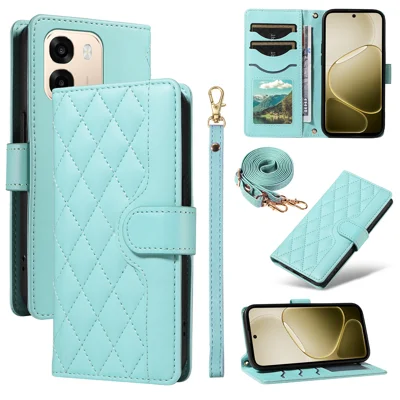 Capa Carteira para Oppo A6 5G / Oppo A6x 5G, Capa de Telefone em Couro com Padrao de Losango e Alça - Verde