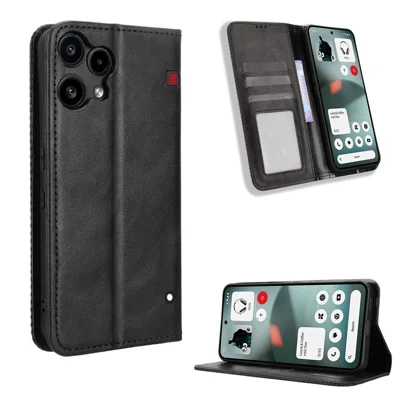 Läder för Nothing Phone (3a) Lite 5G etui plånbok ställ retro struktur mobilskal - Svart