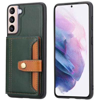 For Samsung Galaxy S23 Protective Phone Case Card Slots Kickstand Design PU Leather Coated TPU Back Cover - Green