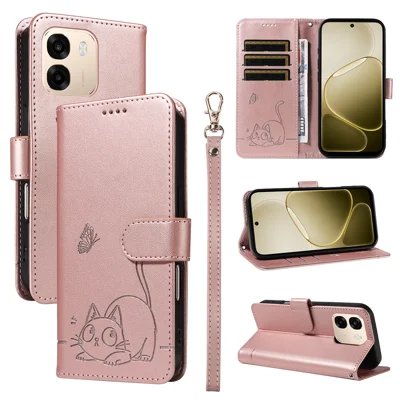 Capa de Telemóvel com Estampa de Gato para Oppo A6 5G / Oppo A6x 5G, Capa em Pele com Alça de Pulso - Dourado Rosa