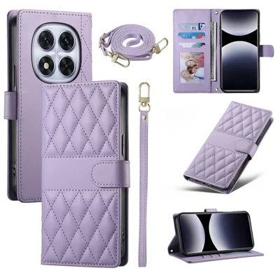 Portemonnee hoesje voor Xiaomi Redmi Note 15 Pro 4G (Global) met ruitvormige steek, standaard, lederen telefoonhoes met lange/korte draagband - Paars