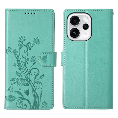 For Oppo Reno15 Pro 5G (Global) / Reno15 5G (China) Wallet Case Butterfly Floral Imprint PU Leather Phone Cover with Wrist Strap - Green