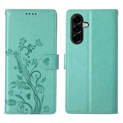 Für Samsung Galaxy A37 Brieftaschenhülle Schmetterling Blumenprägung PU-Leder Handyhülle mit Handschlaufe - Grün