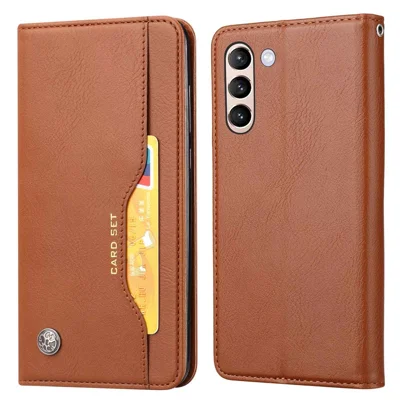 Für Samsung Galaxy S23 Magnetische Autoabsorbierte Handyhülle mit Kartenfach Vorderseite Entwurf PU-Leder Handyhülle Geldbörse Ständer - Braun