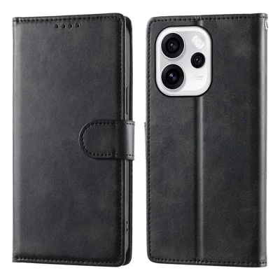 For Oppo Reno15 Pro 5G (Global) / Reno15 5G (China) Case Stand Wallet Calf Texture PU Leather Flip Phone Cover with Wrist Strap - Black