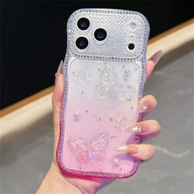For iPhone 17 Pro Max Case Epoxy Butterfly Design Rhinestone Decor Gradient Shockproof TPU Phone Cover - White  /  Pink