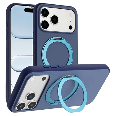 For iPhone 18 Pro Max / 17 Pro Max Magnetic Case Rotary Kickstand Skin Touch PC + TPU Phone Cover Support Wireless Charging - Dark Blue