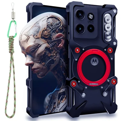 Bumper Case For Motorola Edge 60 Neo 5G / Edge 50 Neo 5G / Moto S50 5G / ThinkPhone 25 5G Kickstand Aluminum Alloy Magnetic Phone Cover with Wrist Strap - Black