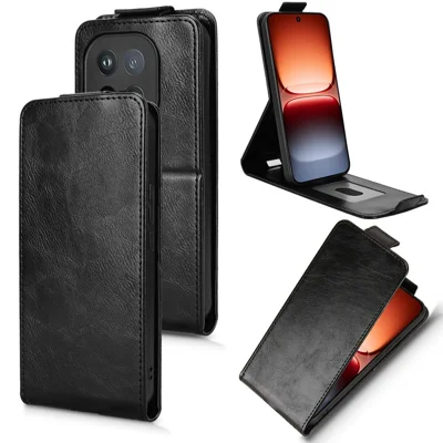 Voor vivo iQOO 15 5G Standhoesje met Magnetische Sluiting Verticaal Opklapbaar Lederen Telefoonhoesje met Pasjeshouder - Zwart