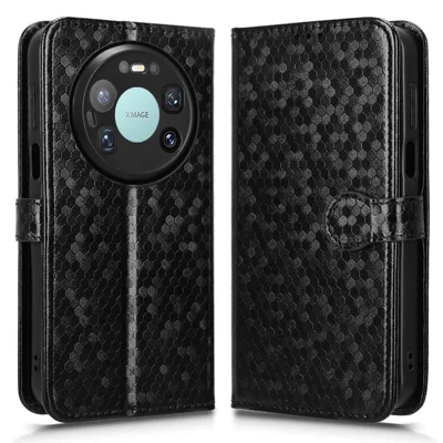 Чехол-кошелек для Huawei Mate 80 Pro Max с узором из точек, имитацией кожи PU, с ремешком на запястье - Черный