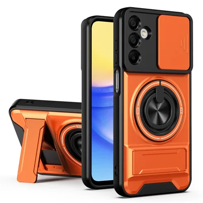 For Samsung Galaxy A15 5G  /  4G Magnetic Case Ring Holder Foldable Kickstand TPU PC Phone Cover with Camera Lens Slider - Orange