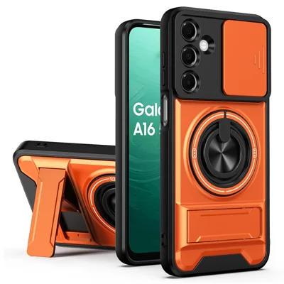For Samsung Galaxy A16 5G  /  4G Magnetic Case Ring Holder Foldable Kickstand TPU PC Phone Cover with Camera Lens Slider - Orange