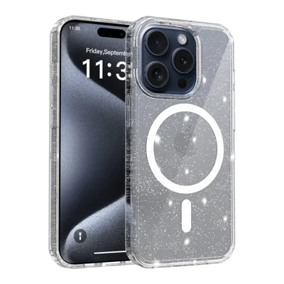 For iPhone 15 Pro Magnetic Case Glitter Design TPU PC PET Drop Proof Phone Cover - Transparent