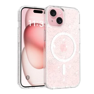 For iPhone 15 Magnetic Case Glitter Design TPU PC PET Drop Proof Phone Cover - Transparent