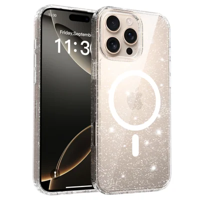 For iPhone 16 Pro Max Magnetic Case Glitter Design TPU PC PET Drop Proof Phone Cover - Transparent