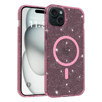 For iPhone 14 Plus / iPhone 15 Plus Magnetic Case Glitter Design TPU PC PET Drop Proof Phone Cover - Transparent Pink