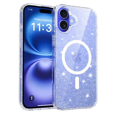 For iPhone 16 Plus Magnetic Case Glitter Design TPU PC PET Drop Proof Phone Cover - Transparent
