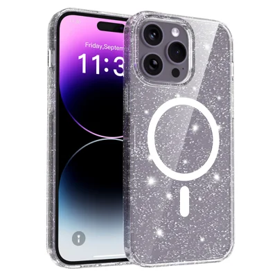 Coque magnétique pour iPhone 14 Pro Max, design pailleté, housse de protection anti-chute en TPU PC PET - Transparent