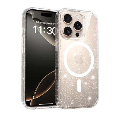 For iPhone 16 Pro Magnetic Case Glitter Design TPU PC PET Drop Proof Phone Cover - Transparent
